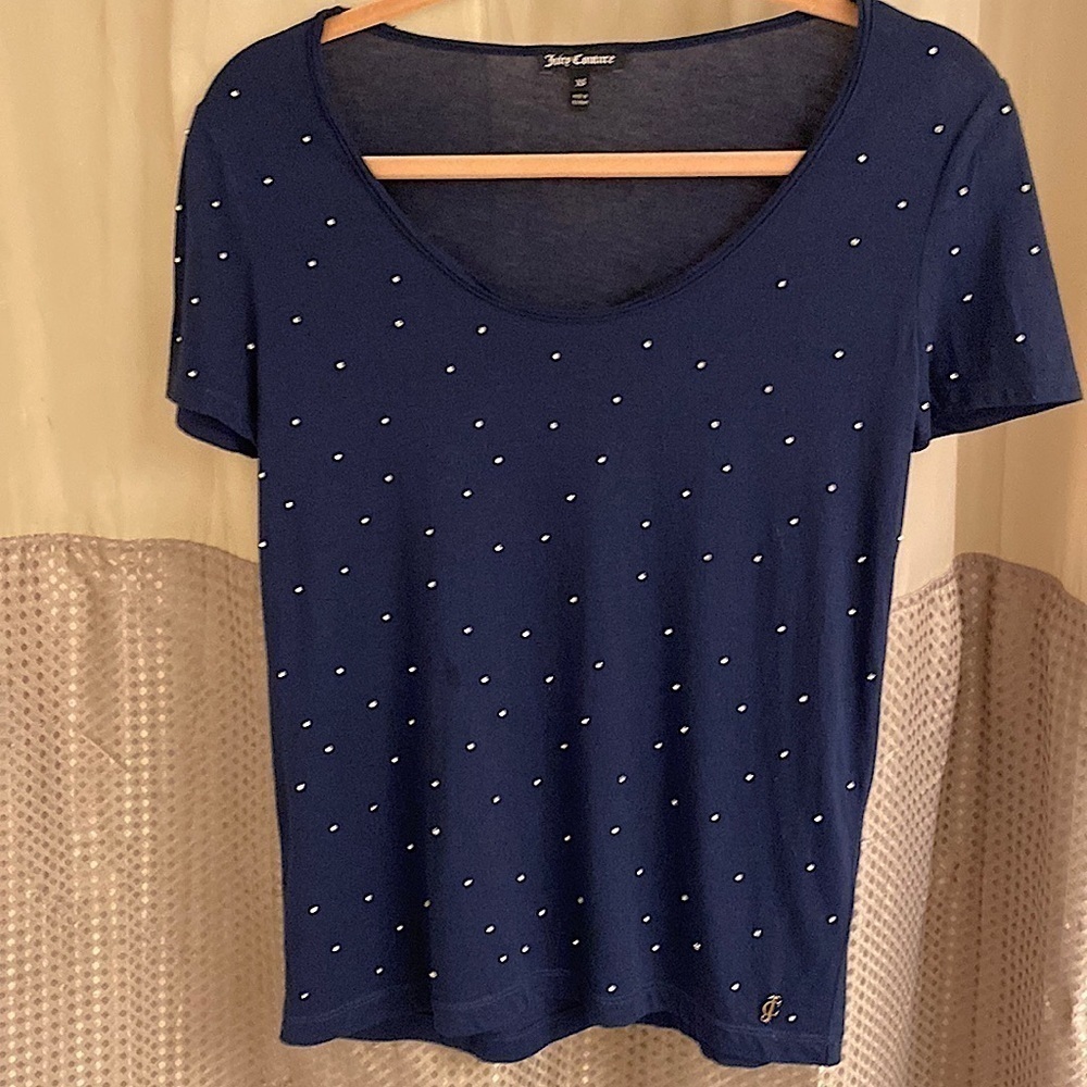 Dk Navy Blue bling short sleeve sweater with gold logo on bottom.